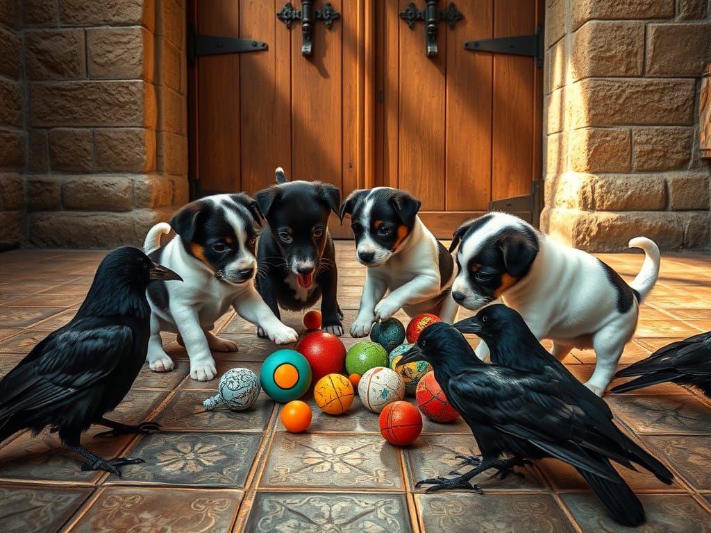 Adorable Jack Russell Puppies Wrestle with Ravens in Whimsic...