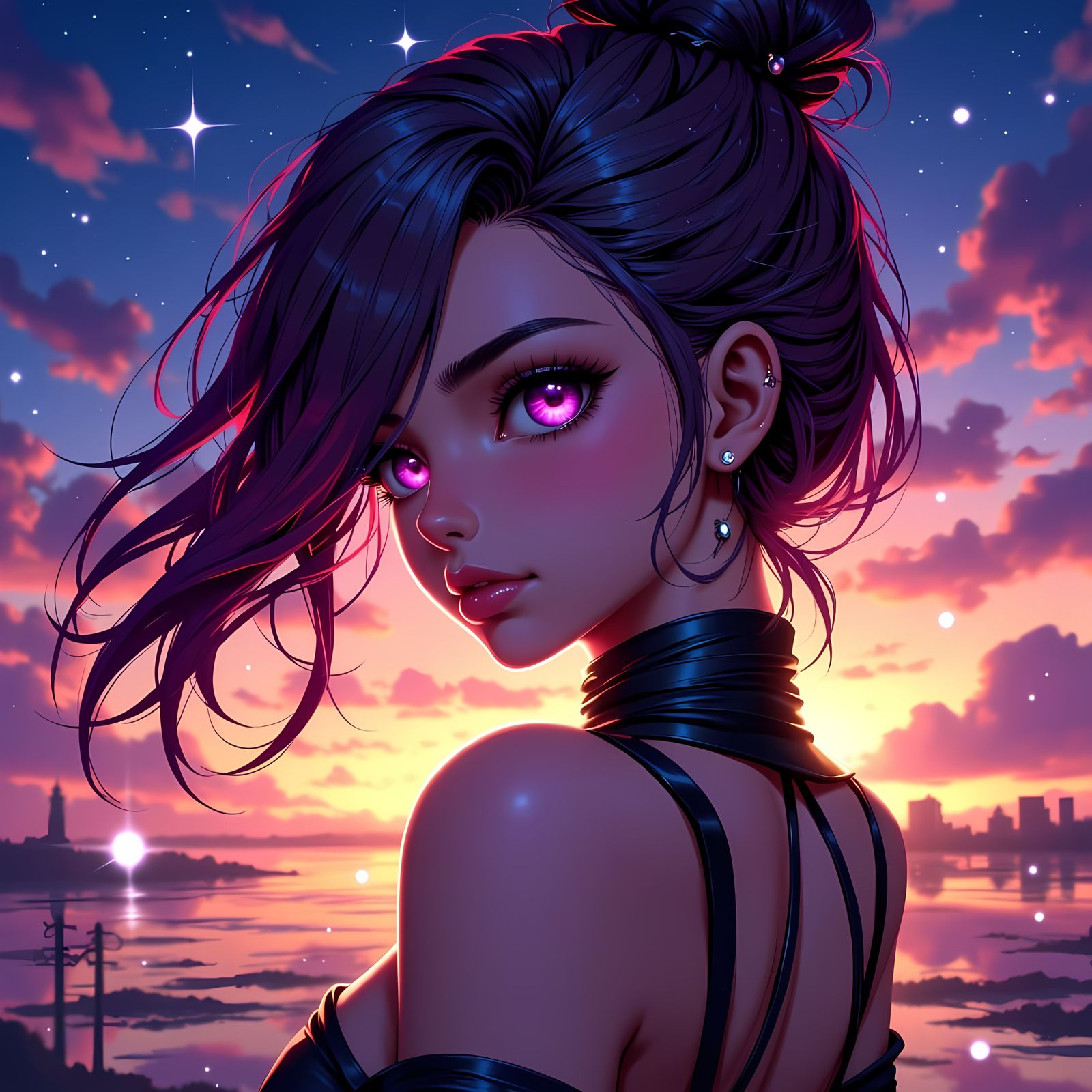 Ethereal Anime Princess in Sunset Fantasy Landscape