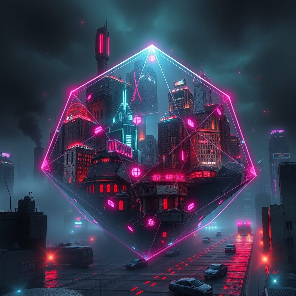 Cyberpunk Cityscape in a D20 Dice