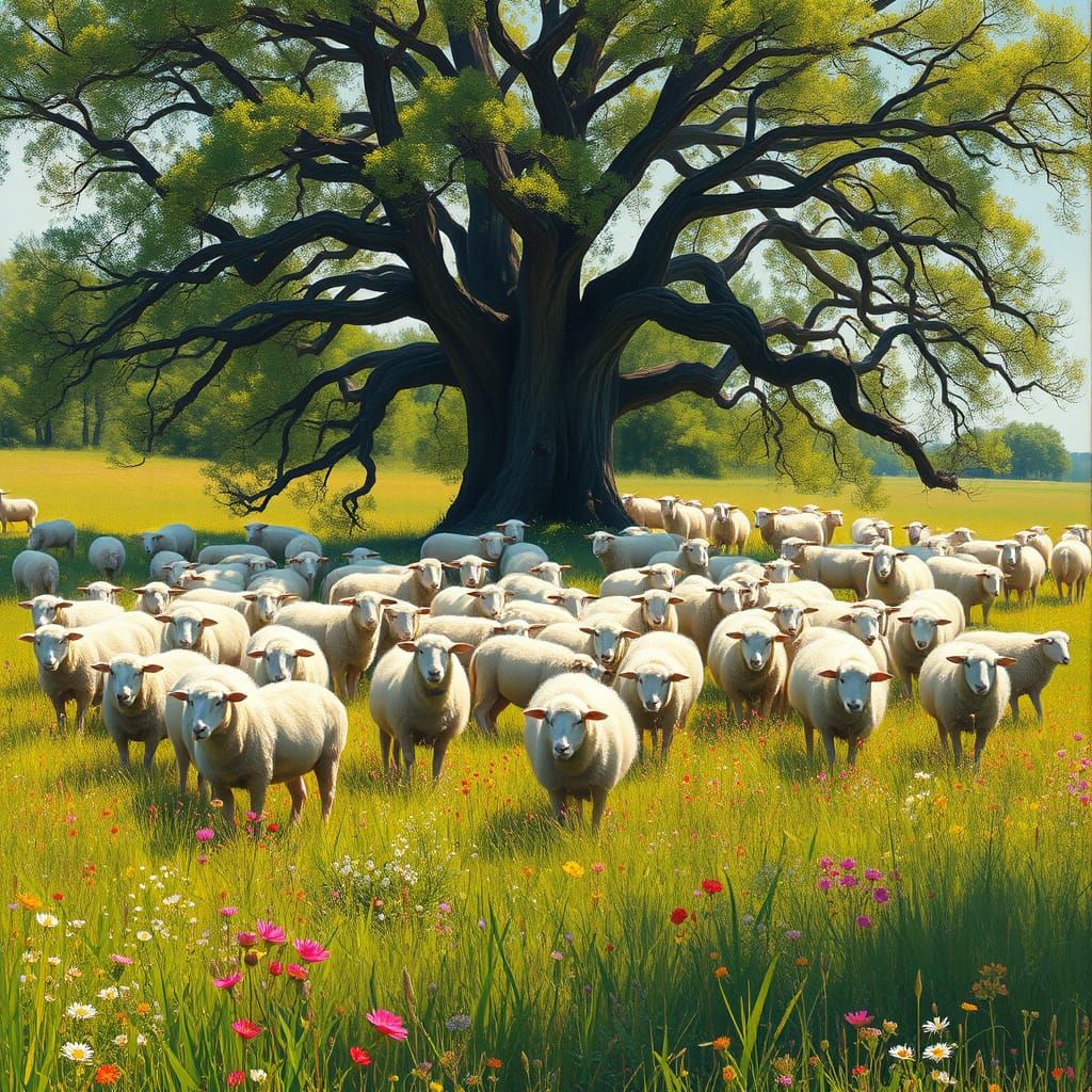 Impressionist Landscape with Grazing Sheep in a Vibrant Mead...