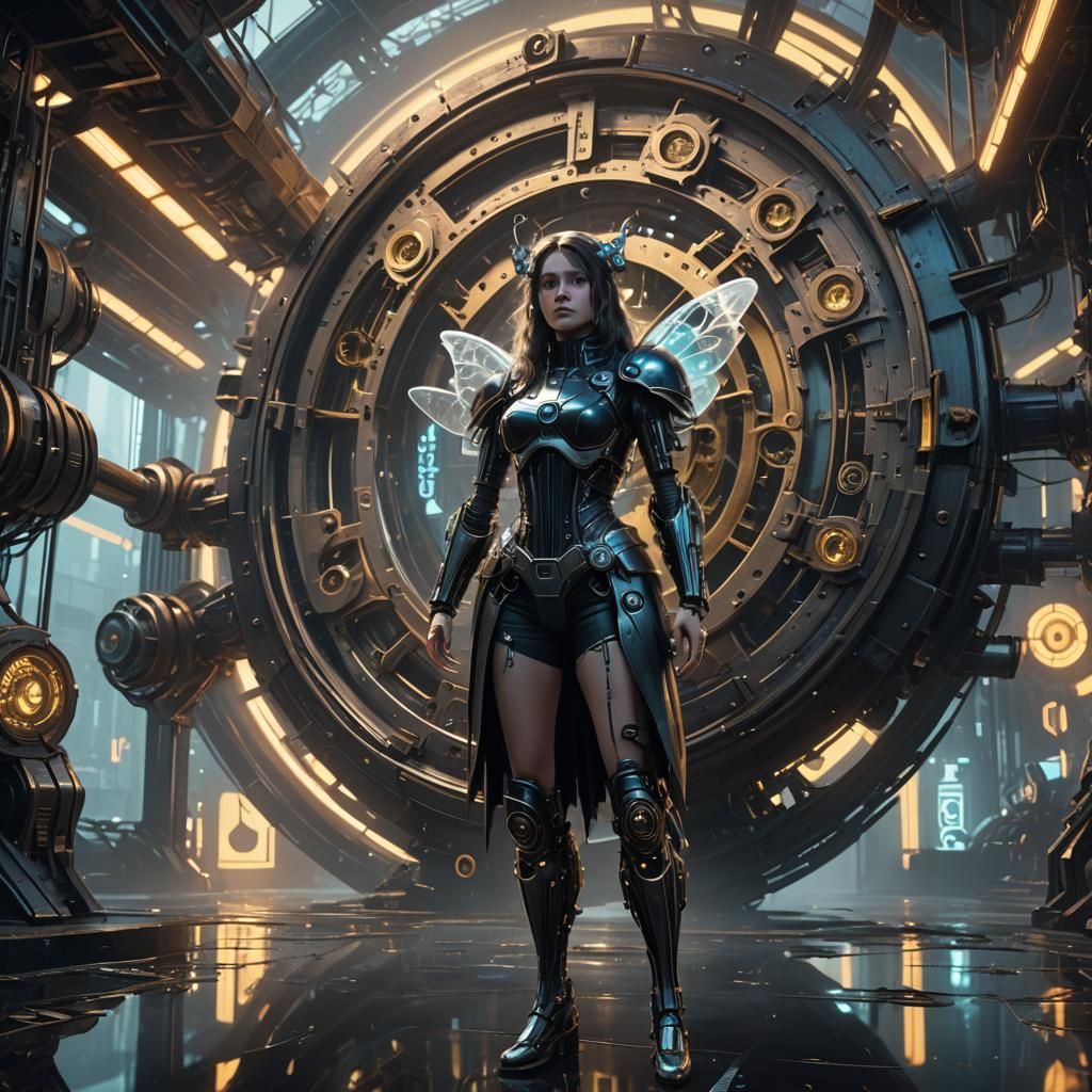 Cyberpunk Fairy Amidst Clockwork Wonders
