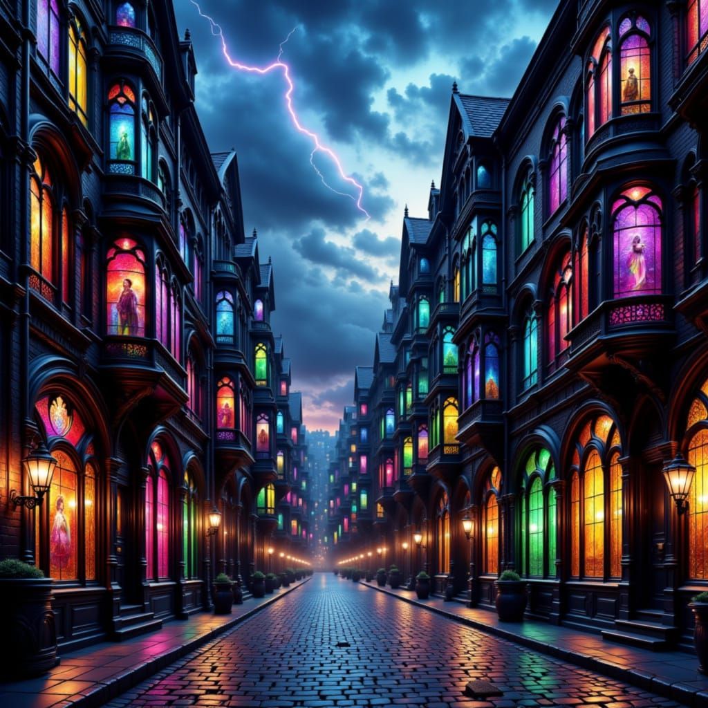 Victorian City Street with Stained Glass Windows During Thun...