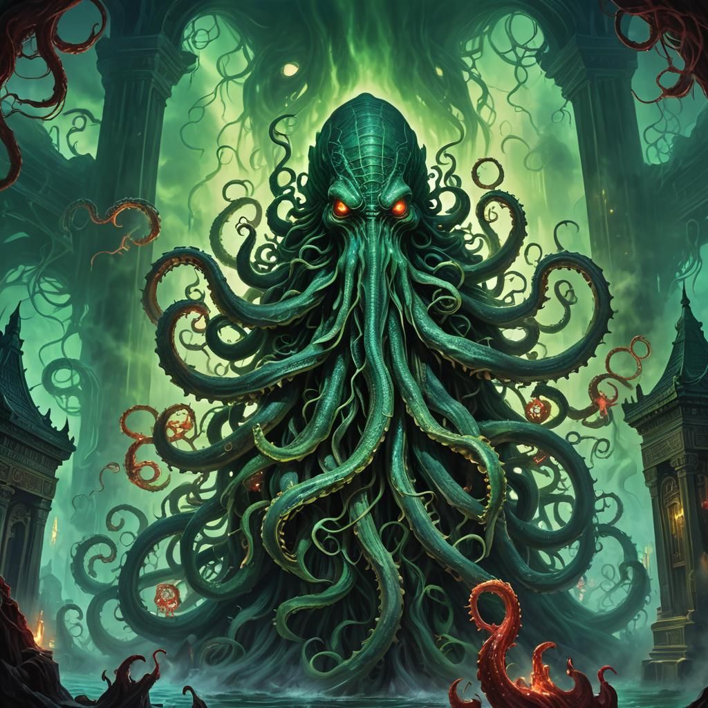 Ethereal Cthulhu Rises from Emerald Depths in Surreal, Biolu...