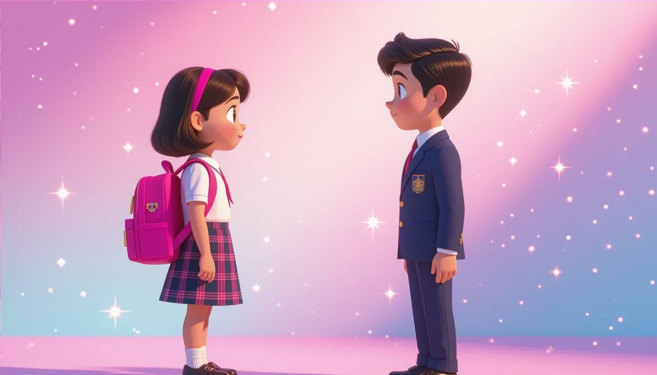 Pixar-Style School Scene with Girl and Boy