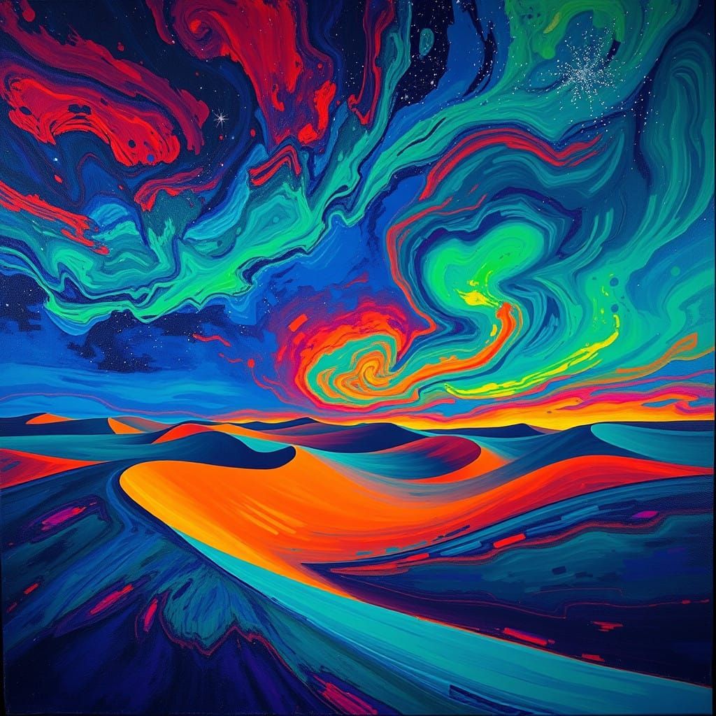 Neon Desert Dreamscape Under Starry Night Sky