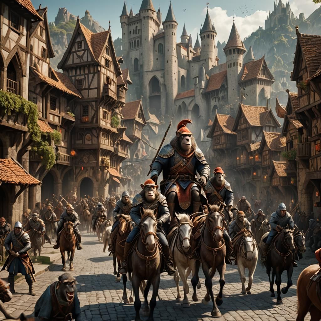 Fantastical Medieval Monkeys on Horseback in a Detailed Town