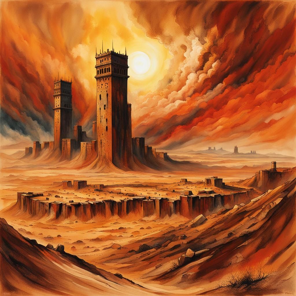 Ancient Desert City Towers Amidst Fiery Sandstorm