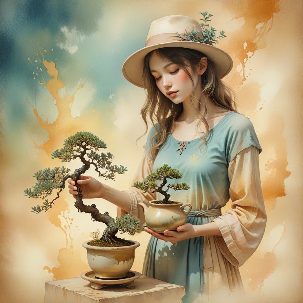 Whimsical Girl with Bonsai Hat in Pastel Dreamscape