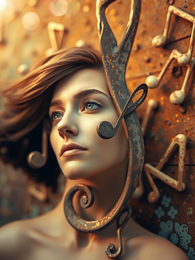 Sculpted Woman in Rusty Musical Note Form, with Vintage Musi...