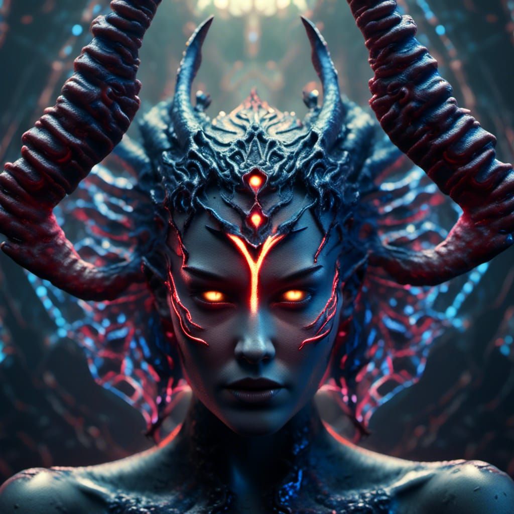 Holographic Demon Queen in Dark Vantablack Ink