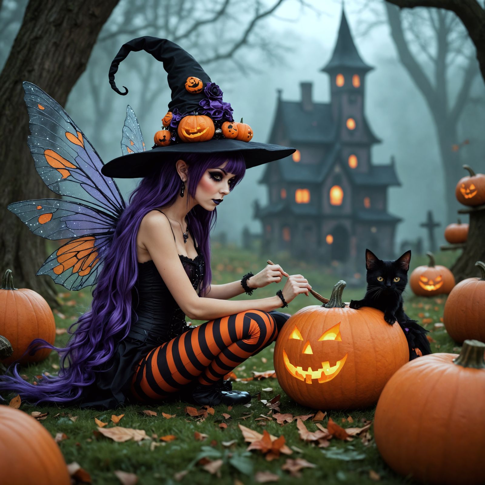 Halloween Fairy Carving a Pumpkin Patch, Gothic Style