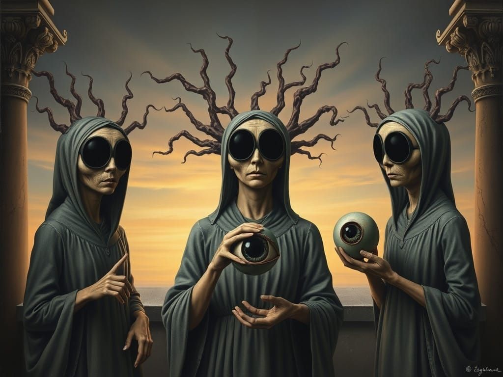 The Three Graeae Sisters in Soft Sunset Light