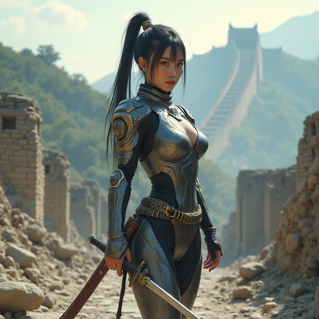 Futuristic Asian Warrior in Ancient Ruins