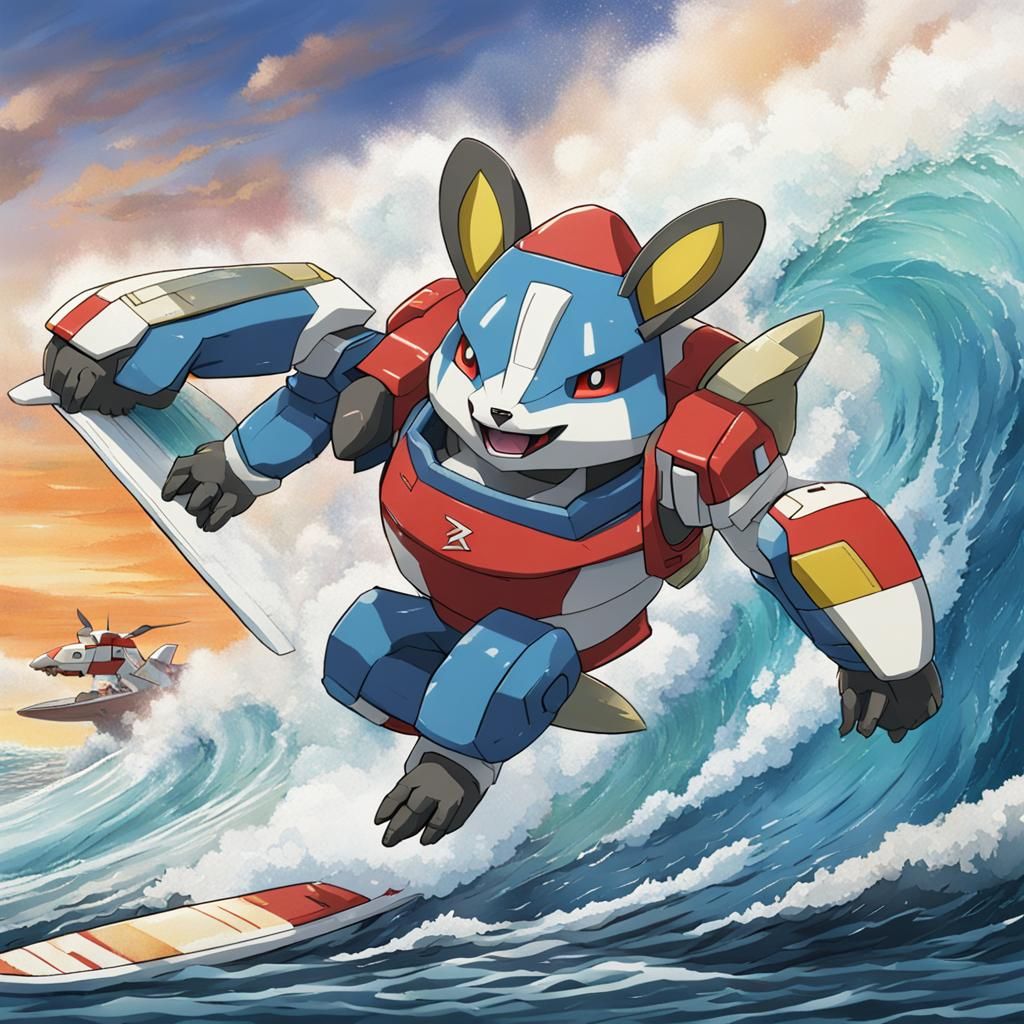 Gundam Mecha Badger Rides Tsunami Wave