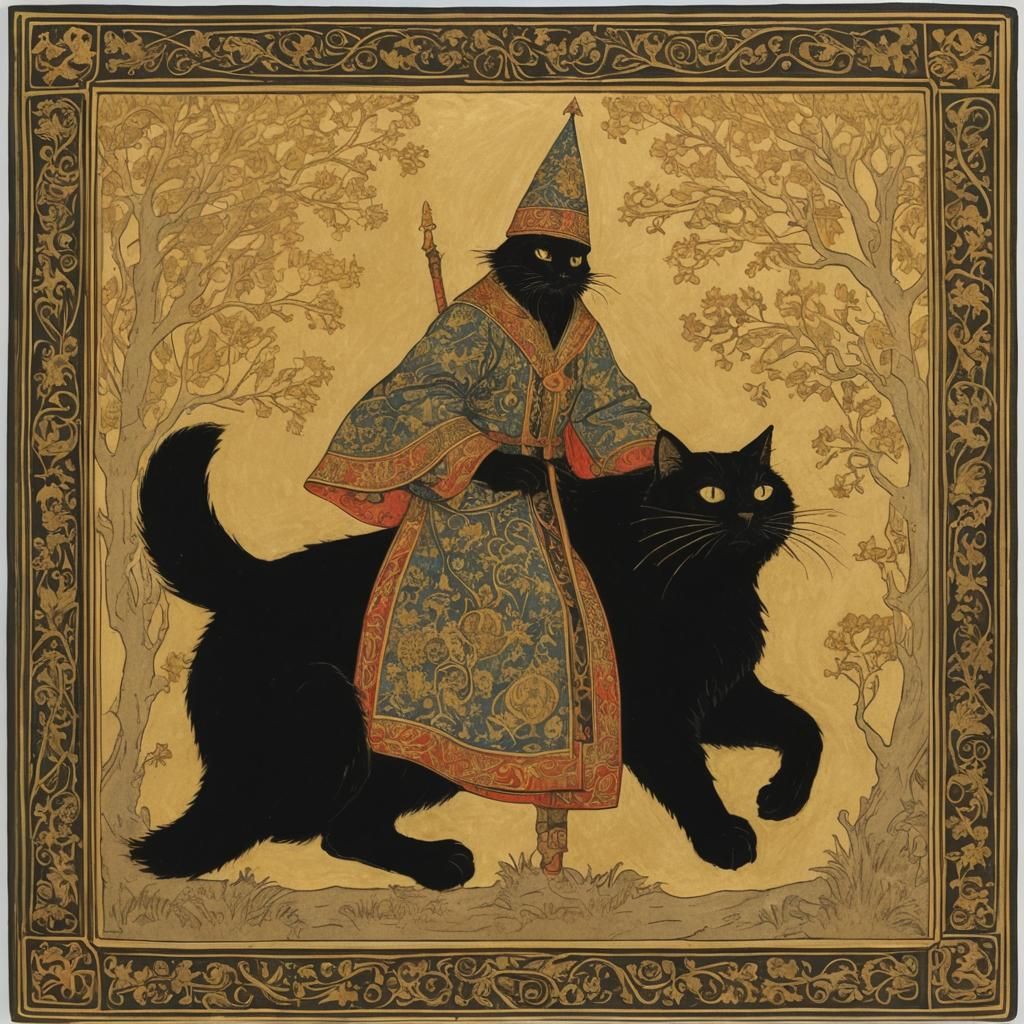 Slavic Catwizard and Pentafelis in a Vivid Storybook Scene w...