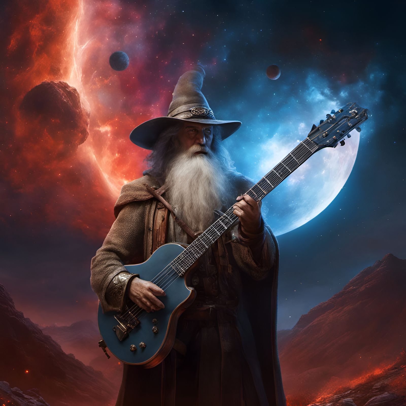Epic Fantasy Guitarist Gandalf in Cosmic Dreamscape