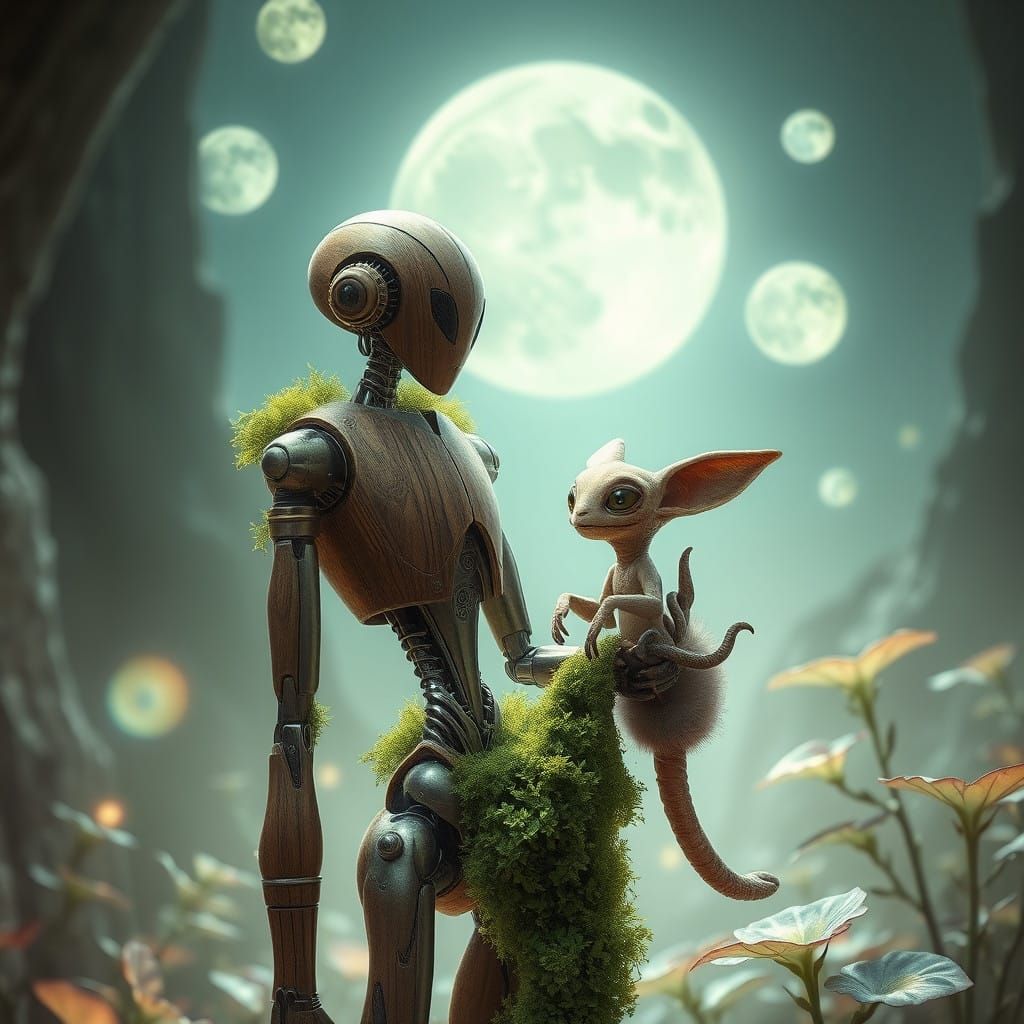 Ancient Robot Guardian in Luminous Alien Realm