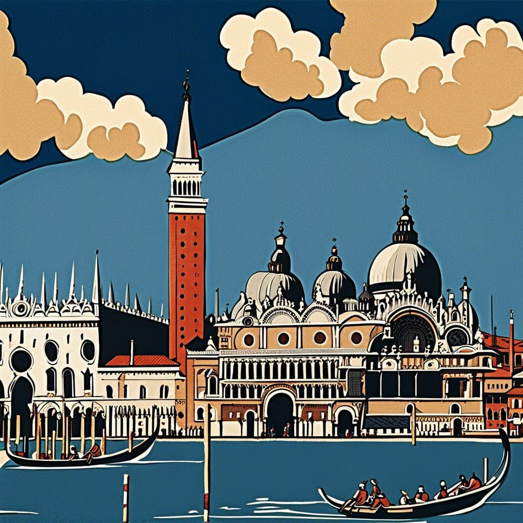 Surreal Venice Basilica in Whimsical Ukiyo-e Style
