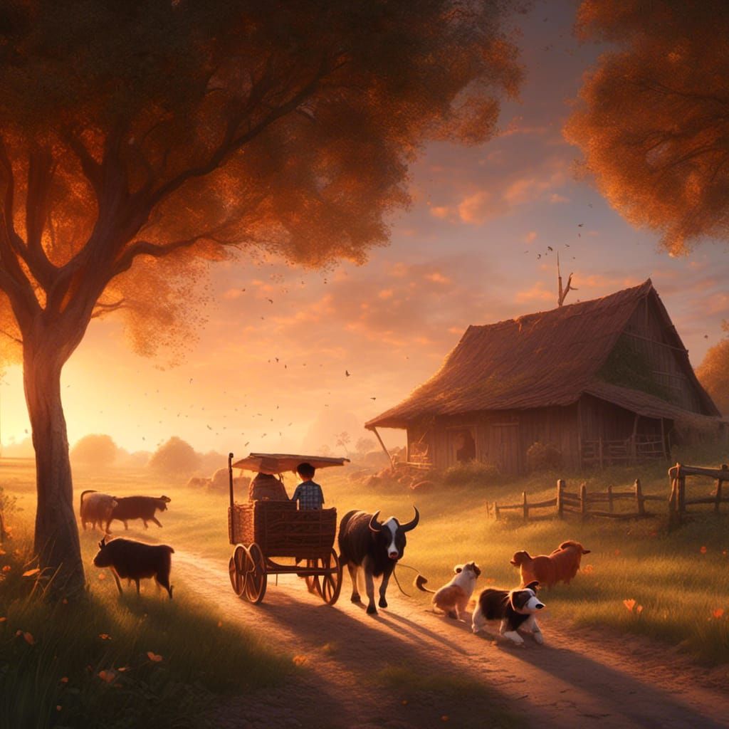 Golden Hour on a Rustic Farm in Vibrant Digital Art