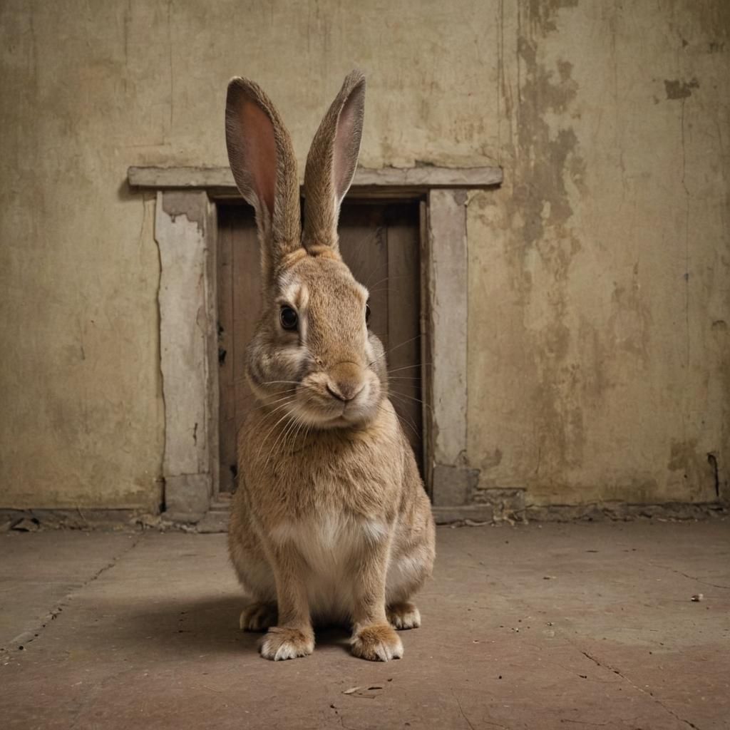 Ethereal Rabbit Contemplates Abandoned Gothic Mansion