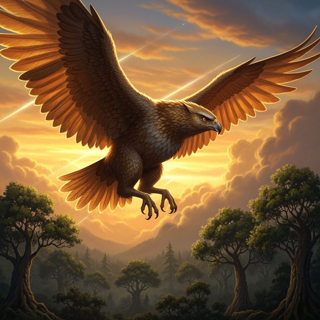 Griffin Soaring Over Ancient Forest in Fantasy Art Style