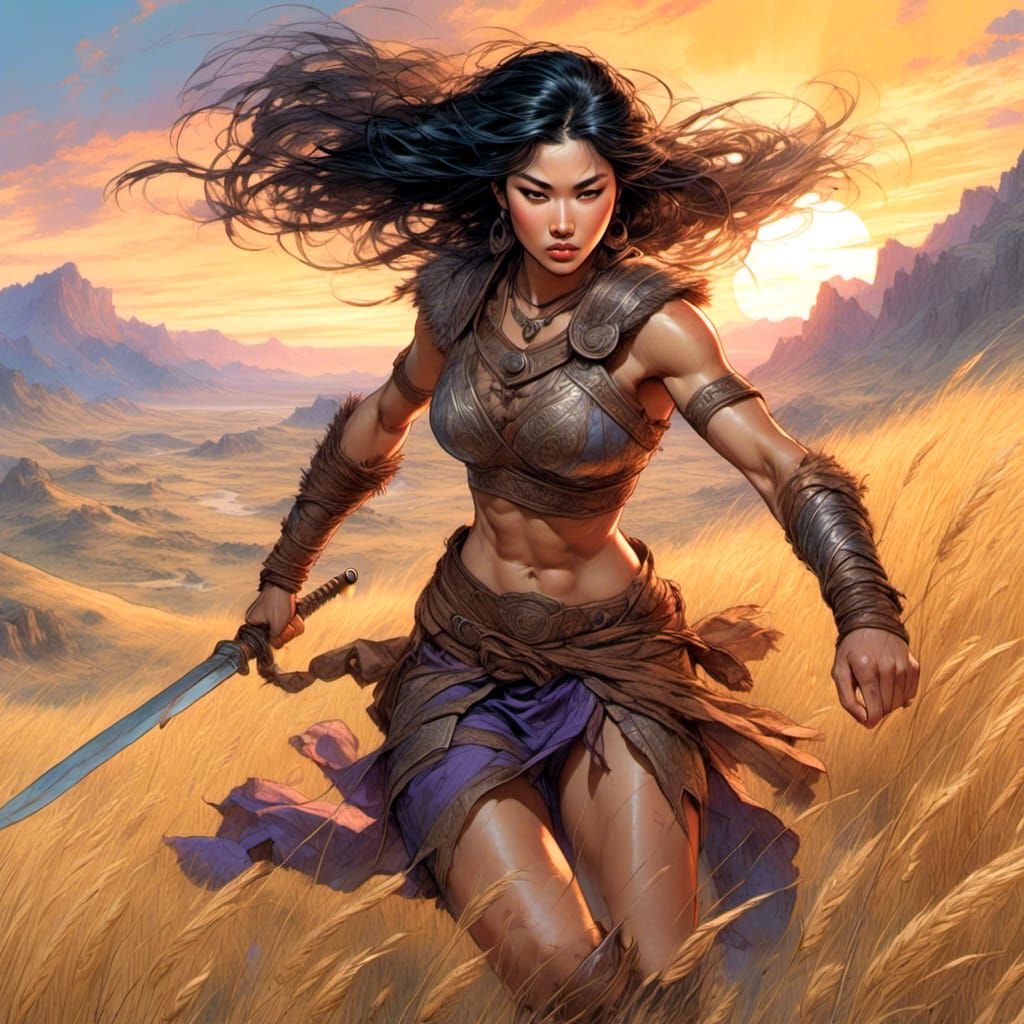 Fierce Barbarian Woman in Dusky Steppes Adventure