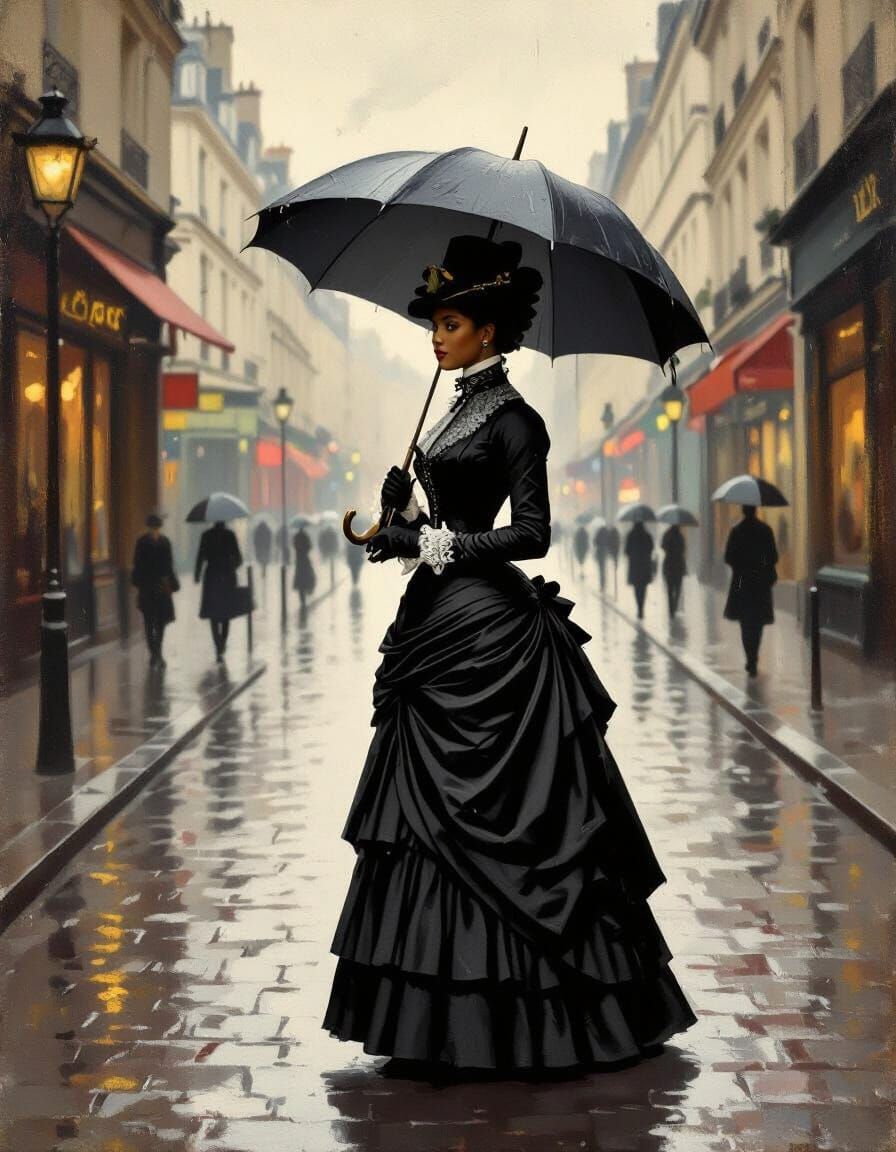 Victorian Woman in Rainy Paris: Impressionist Style