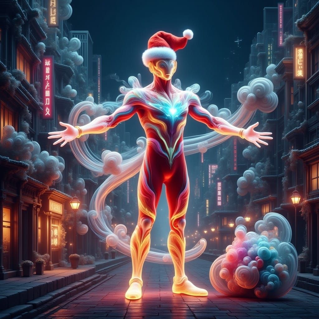 <lora:Ethereal Magic Flux:1.0> A Translucent Ultraman  hologram wearing a Santa hat carrying  a sack of toys  projected ...