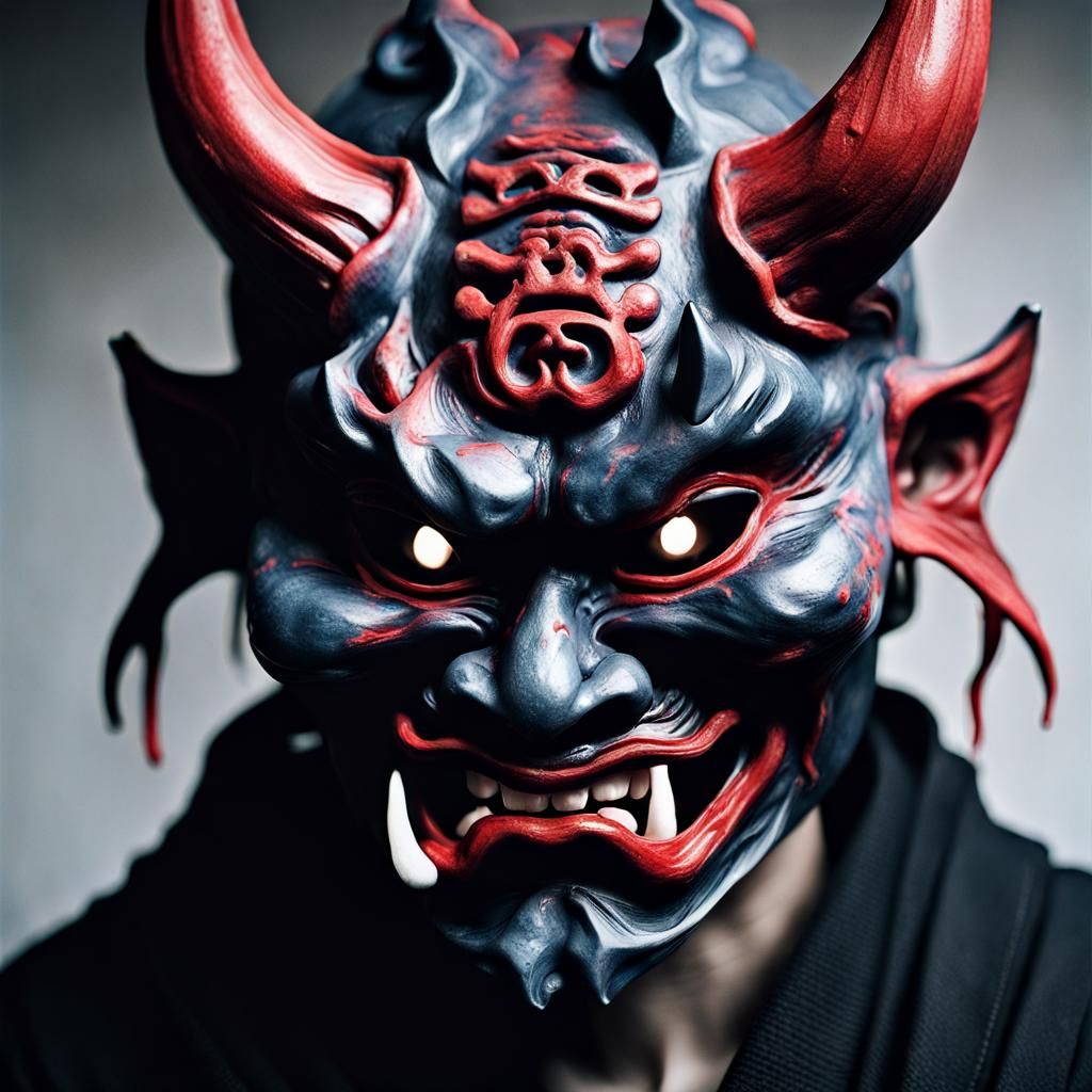 Hyperrealistic Oni Mask from Japan in Dark, Dramatic Lightin...
