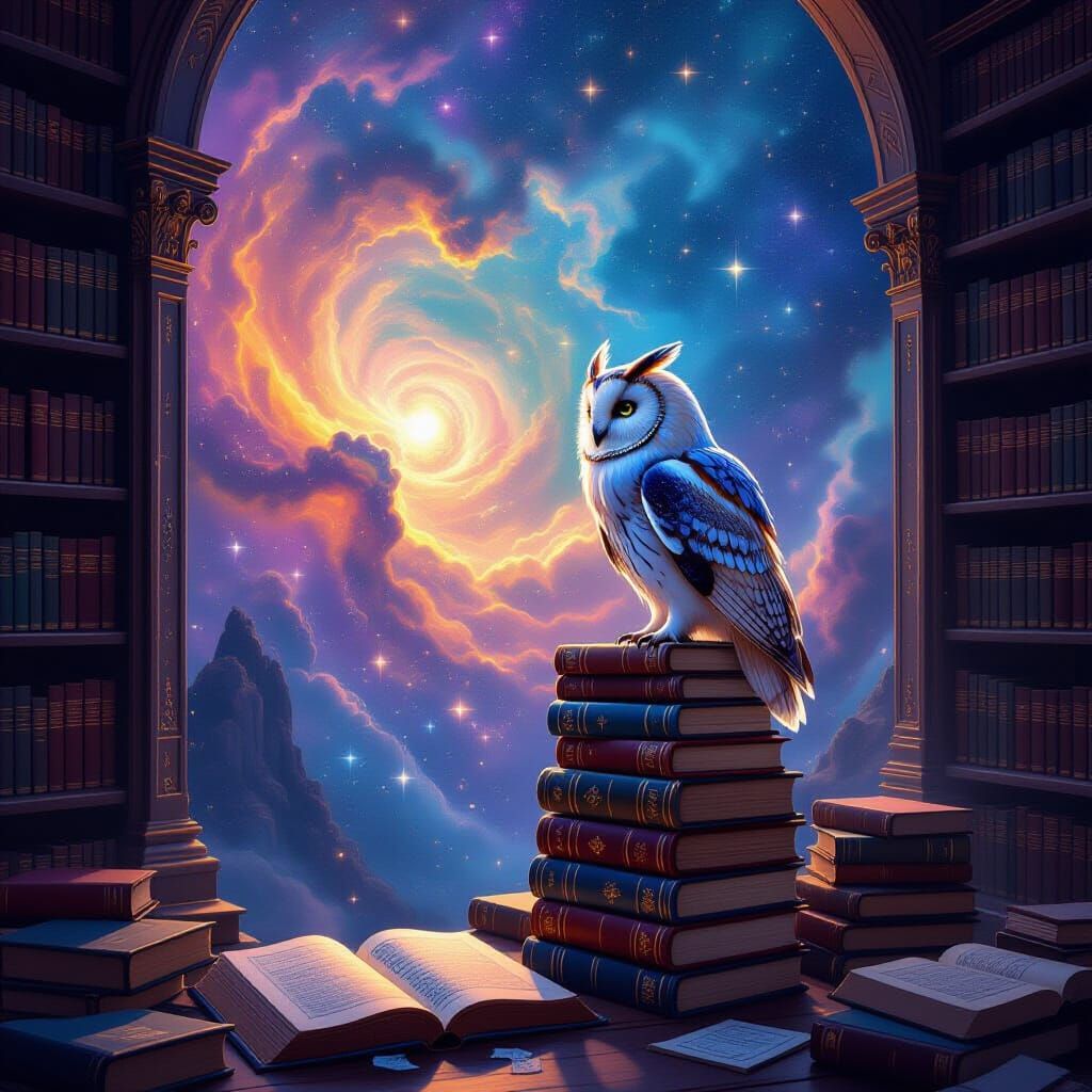 Ancient Cosmic Library with Stardust Owl