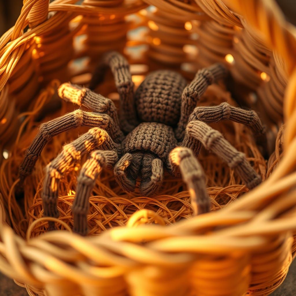 Whimsical Crochet Tarantula in Woven String Basket