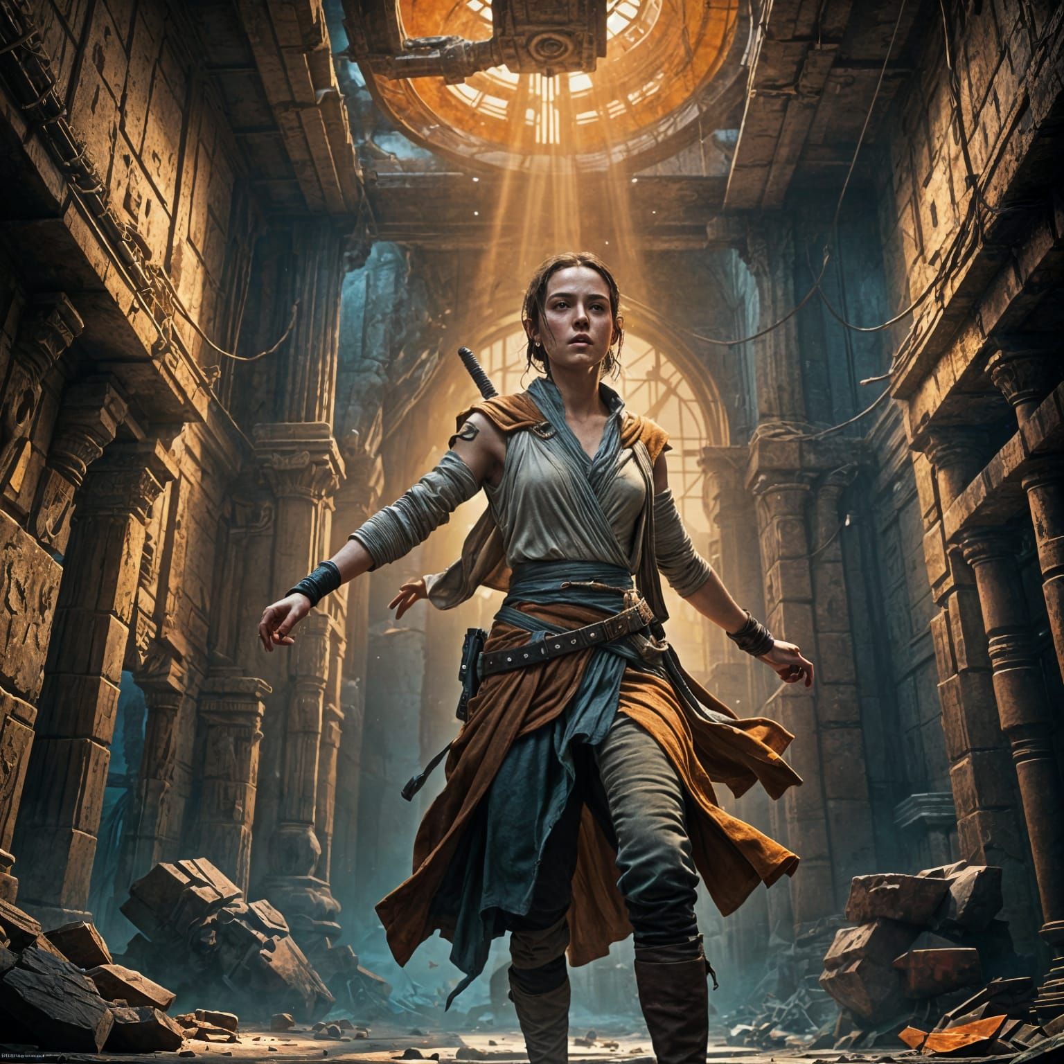 Rey skywalker has been captured, ceiling arms in the air, wo...