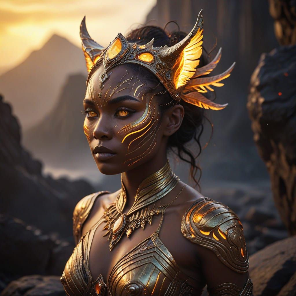 Golden Tiger Goddess in Ancient Alien Landscape