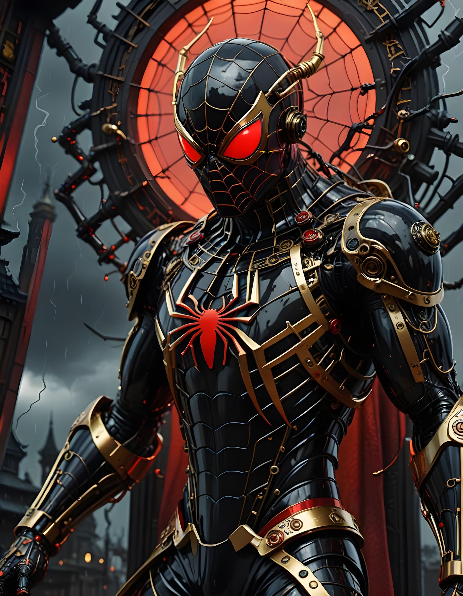 Steampunk Cyborg Samurai Spiderman in Spider Temple