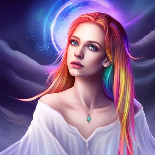 beautiful female witch with rainbow colored hair