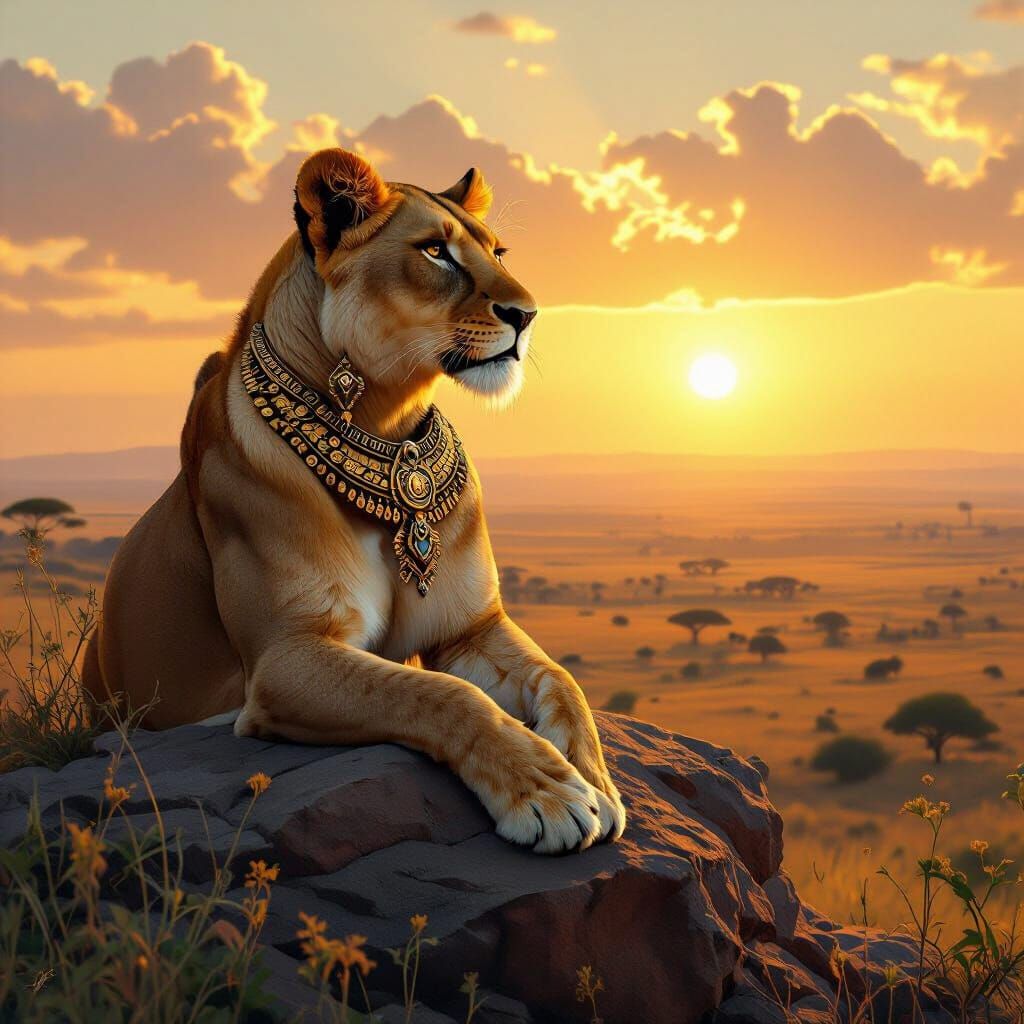 Lioness with Tribal Jewelry on African Savanna