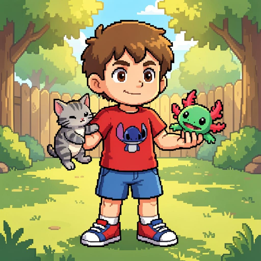 Pixel Art Boy Holding Kitten and Axolotl in Retro Style