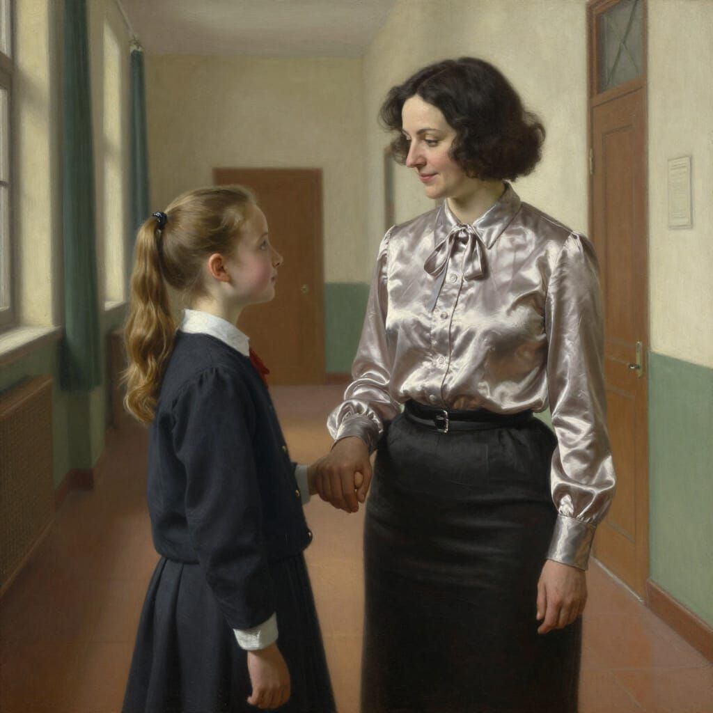 Mature Teacher and Schoolgirl in European Hallway Oil Painti...