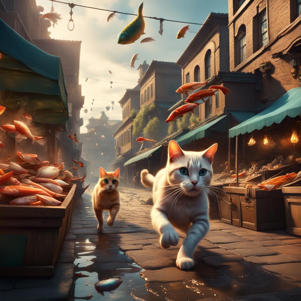 Vibrant Fantasy Scene: Cat Thieves in a Bustling Market