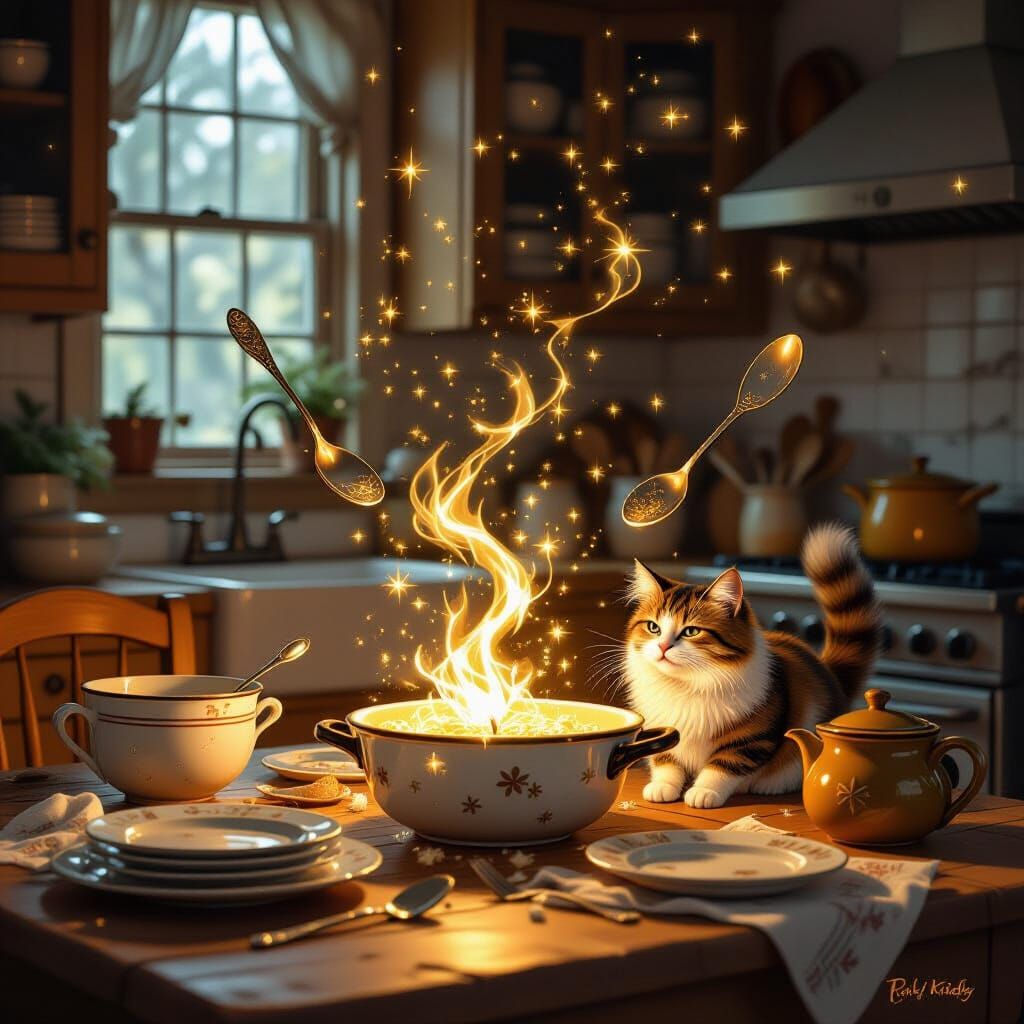 Magical Kitchenware Prepares Dinner in Golden Light