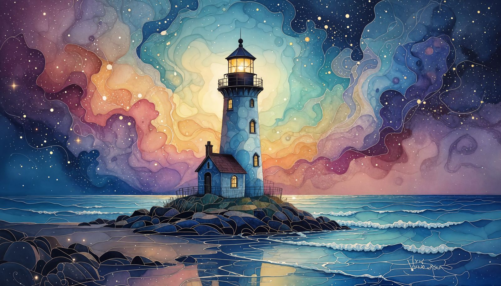 Whimsical Lighthouse in Cosmic Alcohol Ink Style