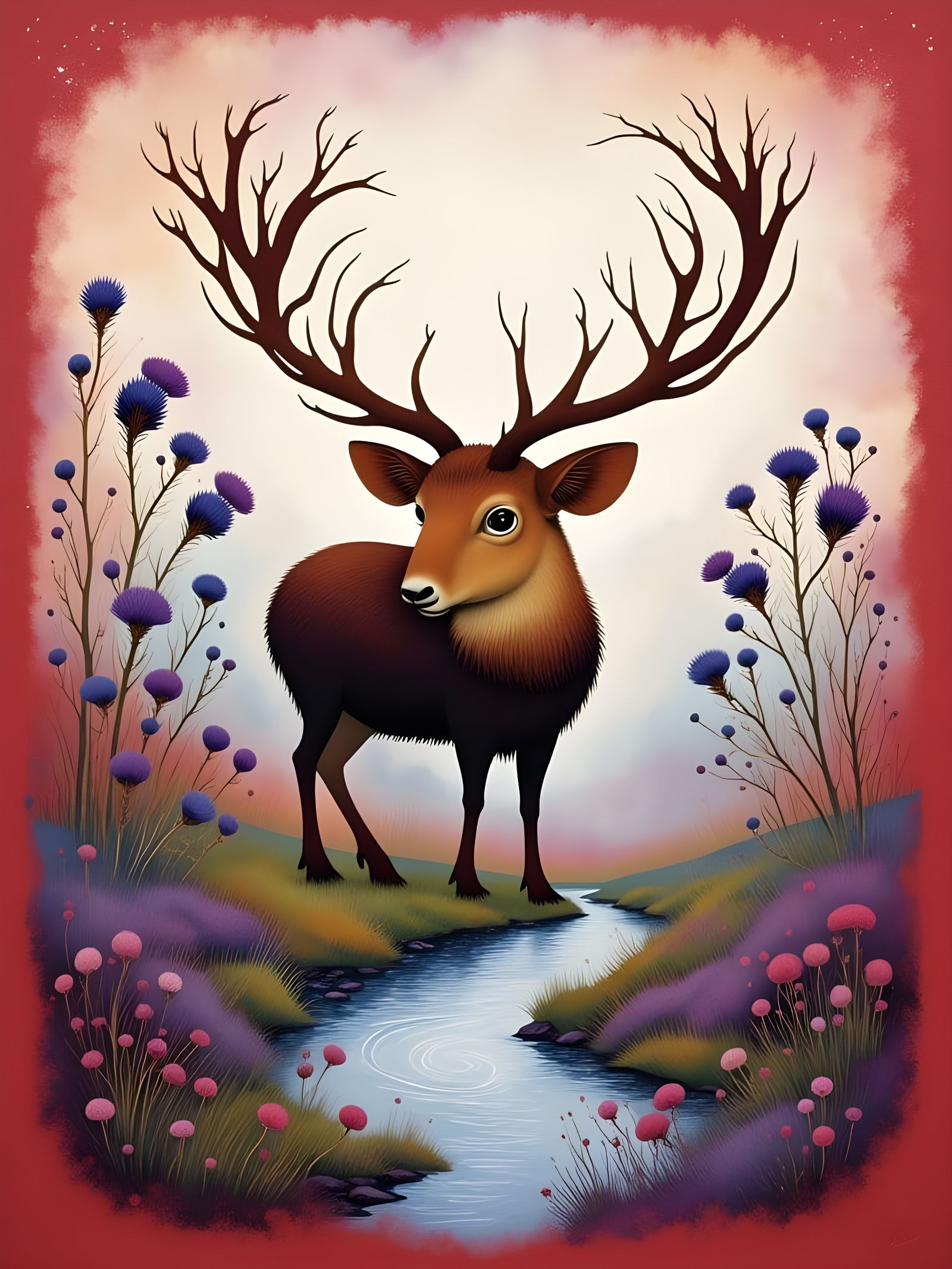 Majestic Deer Stag Amidst Scottish Thistles and Heather