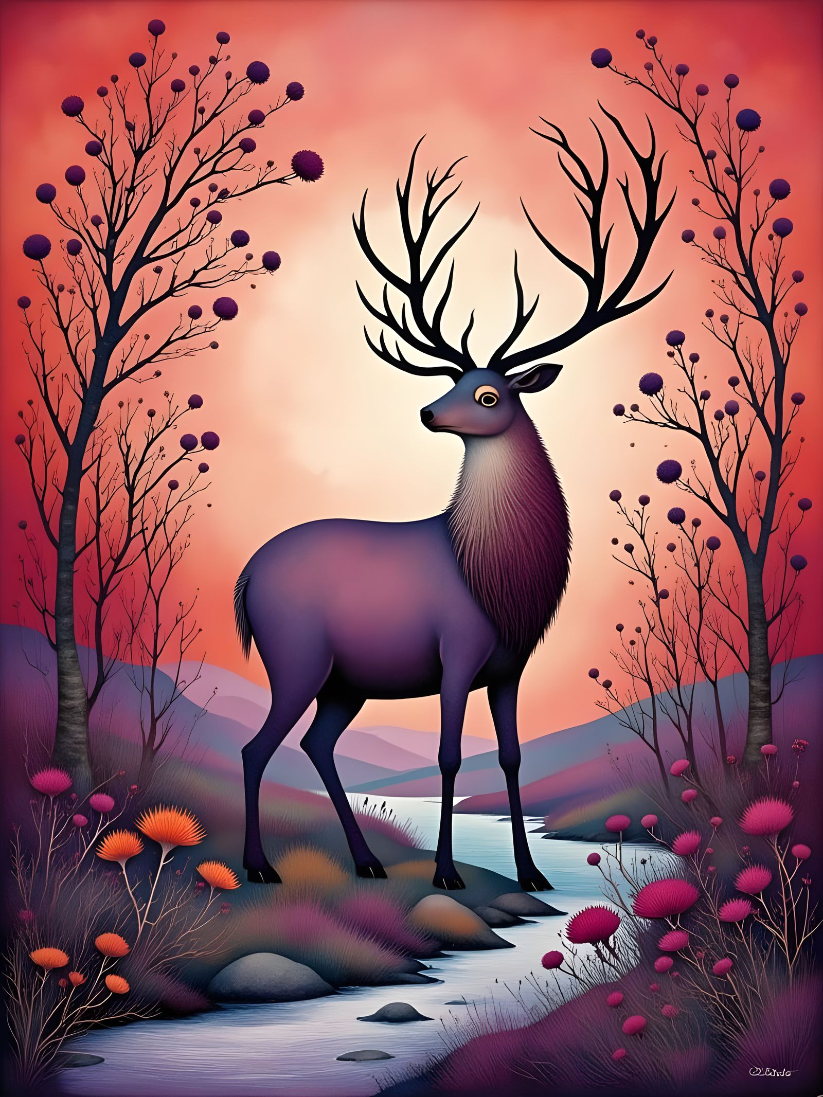 Surreal Scottish Highland Scene with Whimsical Deer Stag