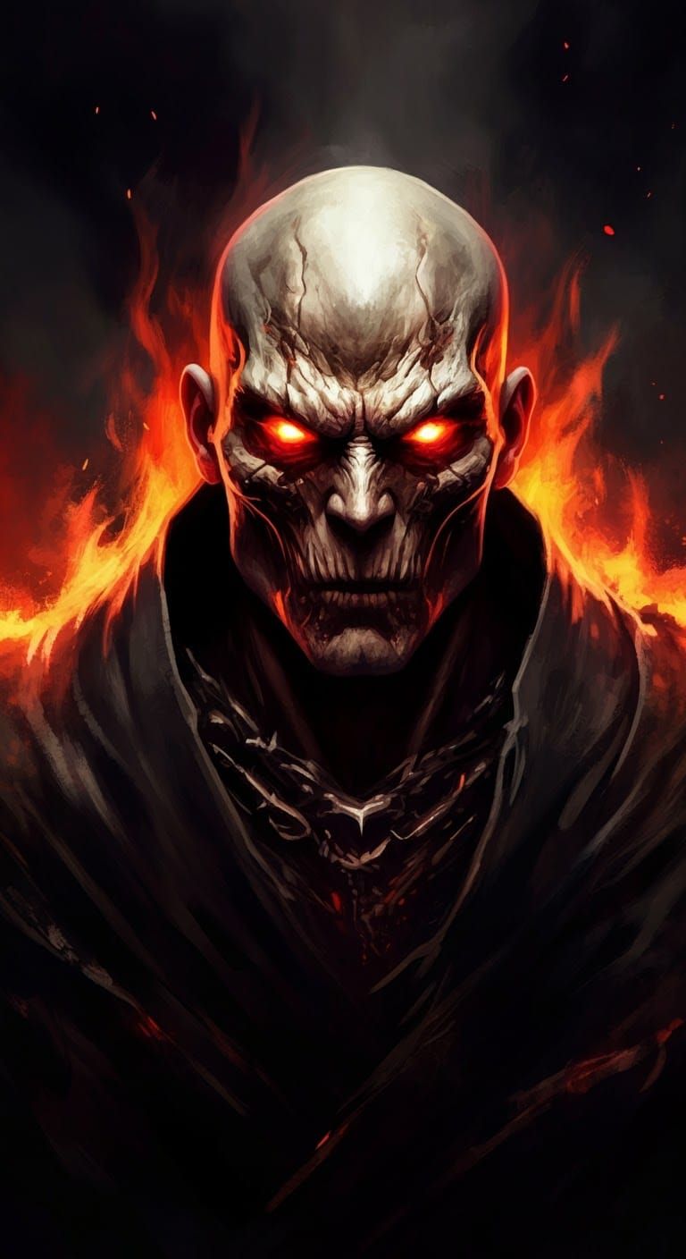Menacing War God with Dark Aura and Fiery Eyes