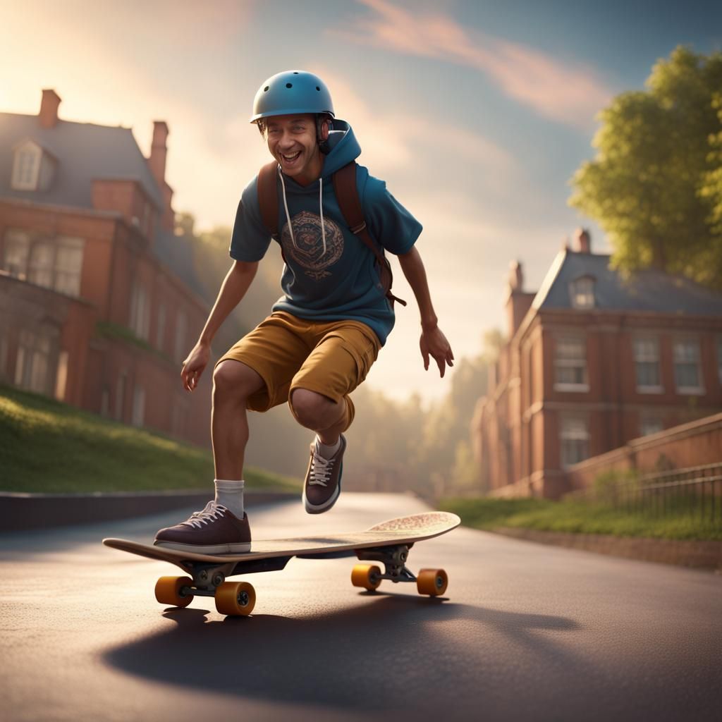 Ethereal College Skateboarder in Vibrant Fantasy Landscape