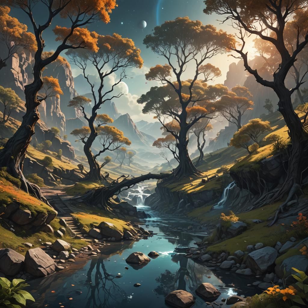 Poetic Figure Lost in Deep Thought Amidst Dark Cosmic Landsc...