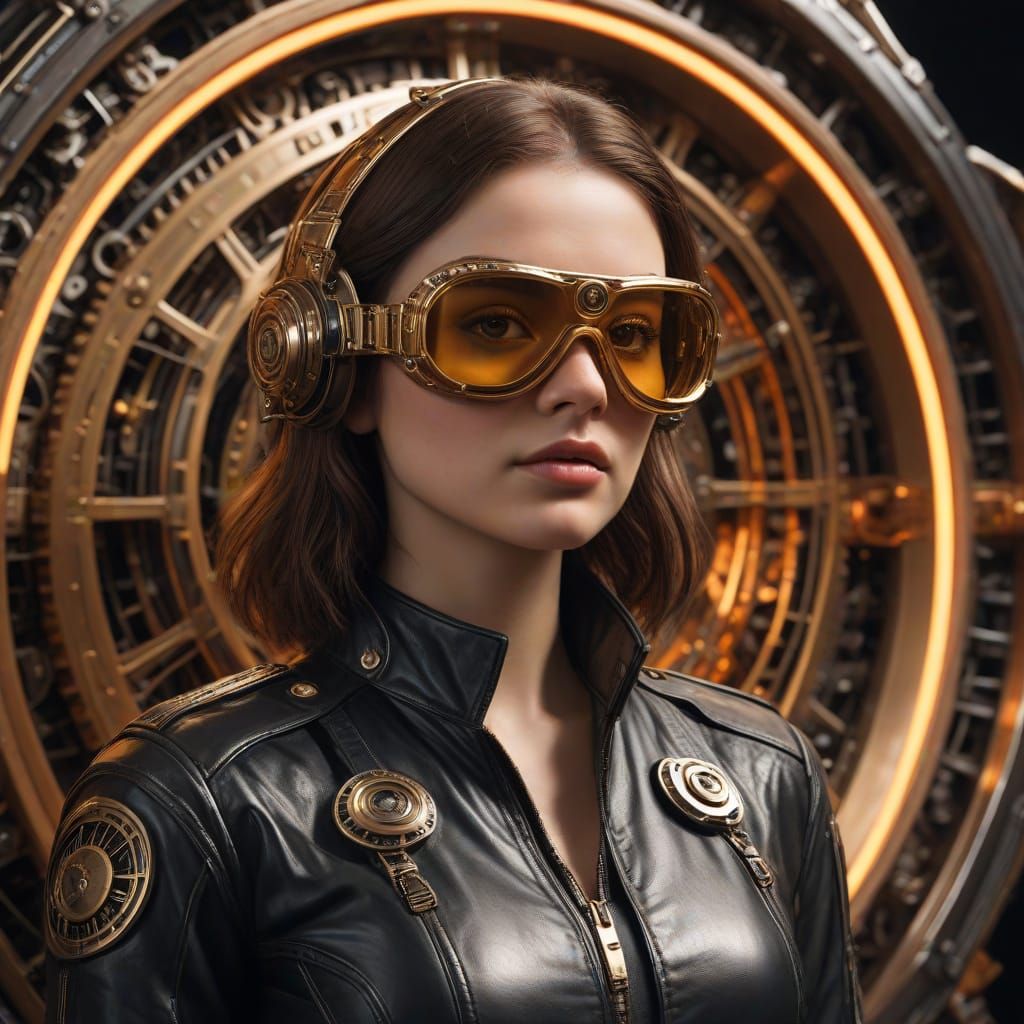 Young Adventurer Stands Before Time Machine in Industrial Sc...