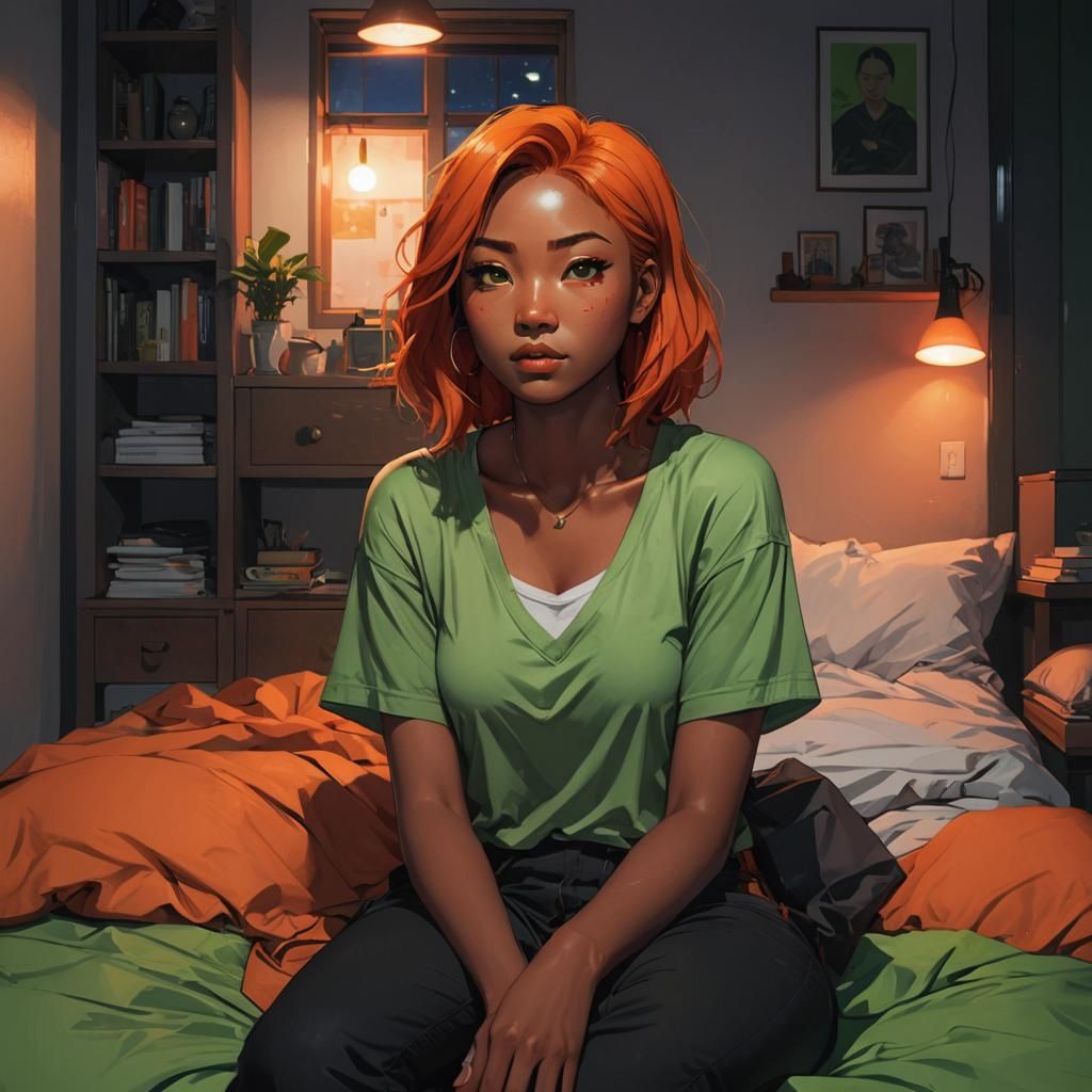 Mystical East Asian Goddess in Vibrant Bedroom Night Scene