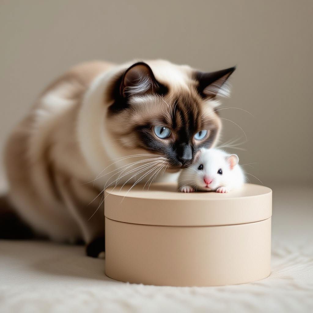 Siamese Cat Sniffs Box With Mouse Emerging