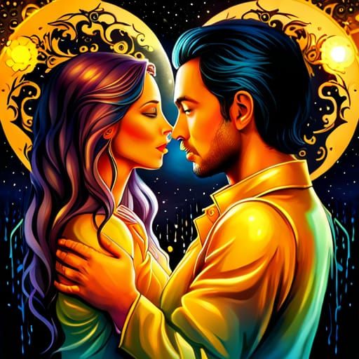 A Golden Couple Embracing Under the Full Moon in a Magical S...